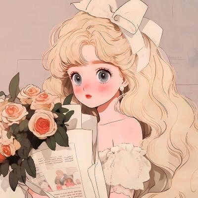 捧花旧漫女生头像图片，尽显清新甜美风范