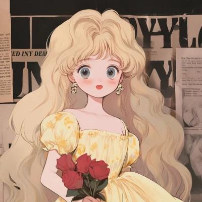 捧花旧漫女生头像图片，尽显清新甜美风范