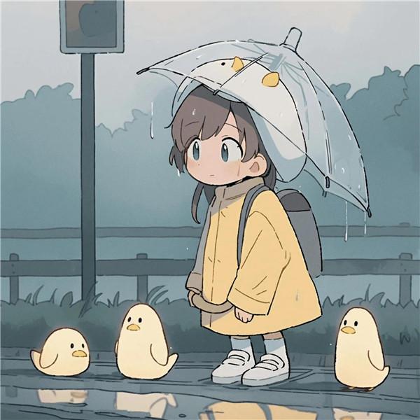 可家治愈系女孩和鸭子躲雨头像图片