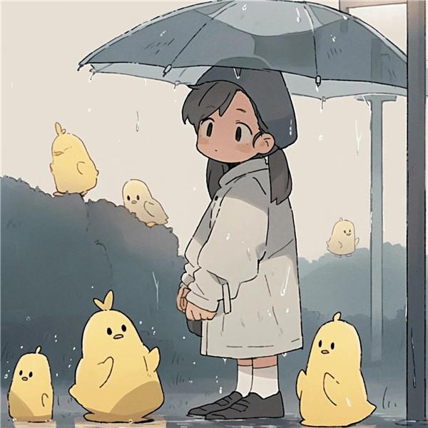 可家治愈系女孩和鸭子躲雨头像图片