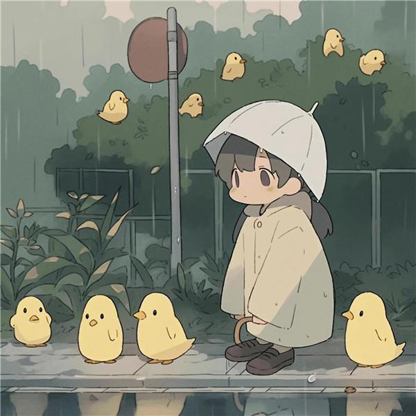 可家治愈系女孩和鸭子躲雨头像图片