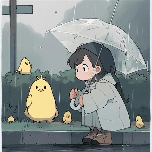可家治愈系女孩和鸭子躲雨头像图片