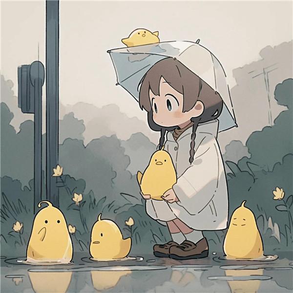 可家治愈系女孩和鸭子躲雨头像图片