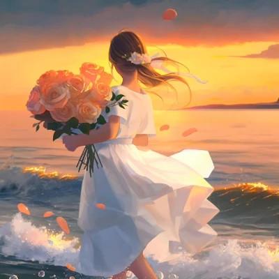 氛围感十足的海边抱花动漫女生头像图片