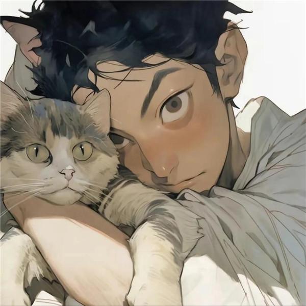 抱着猫的动漫男生头像图片14张,少年与猫