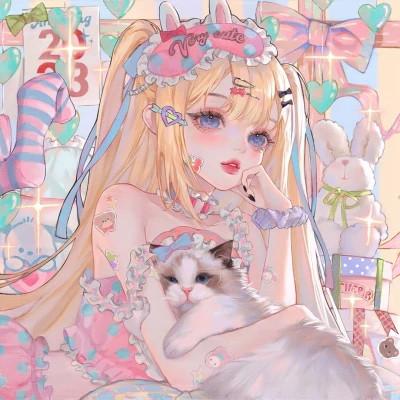 唯美抱猫插画头像女生动漫图片