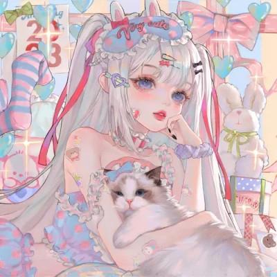 唯美抱猫插画头像女生动漫图片