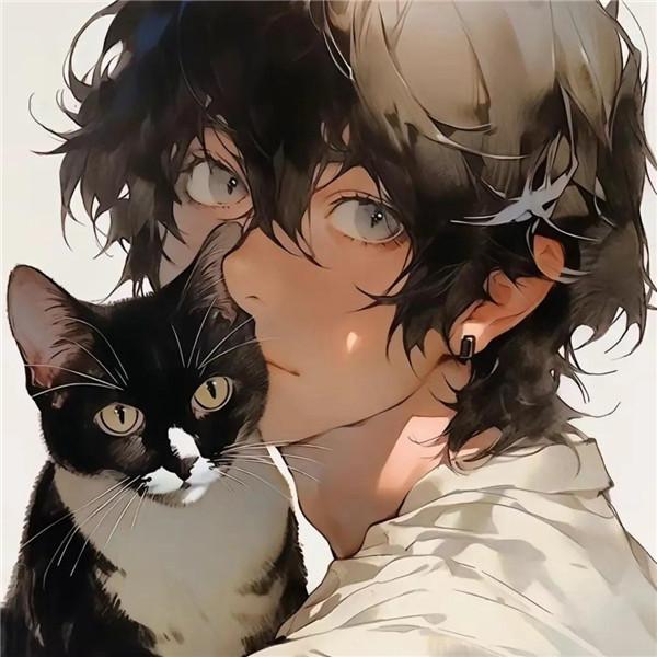 抱着猫的动漫男生头像图片14张,少年与猫