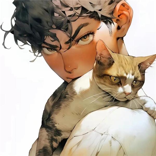 抱着猫的动漫男生头像图片14张,少年与猫