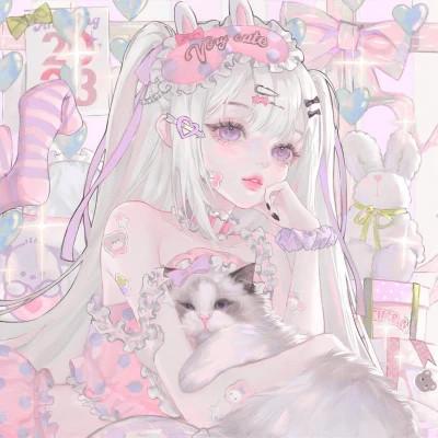 唯美抱猫插画头像女生动漫图片