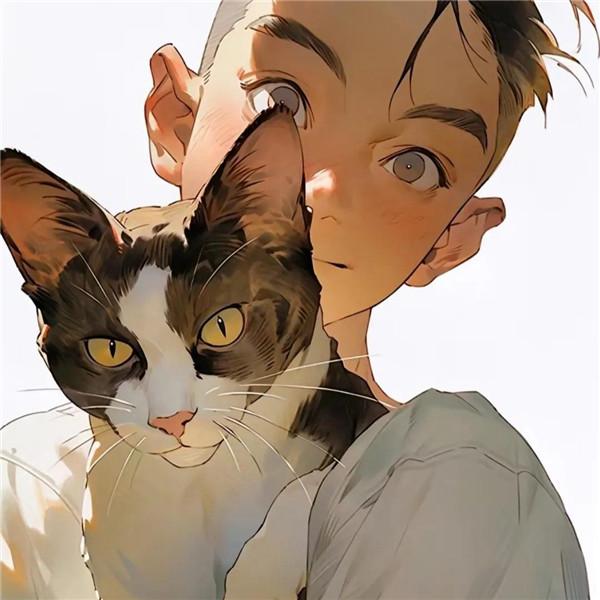 抱着猫的动漫男生头像图片14张,少年与猫