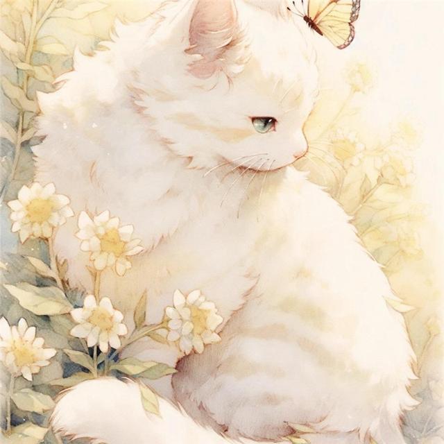 猫咪与蝴蝶嬉戏治愈系插画头像图片12张，超级治愈