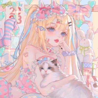 唯美抱猫插画头像女生动漫图片