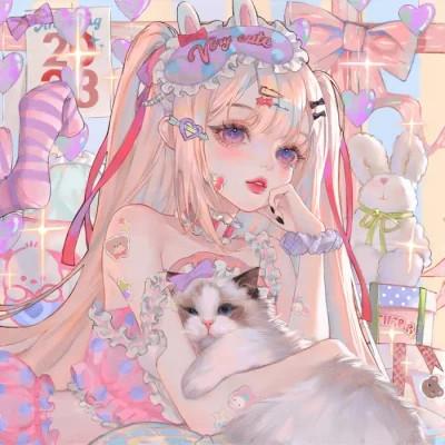 唯美抱猫插画头像女生动漫图片