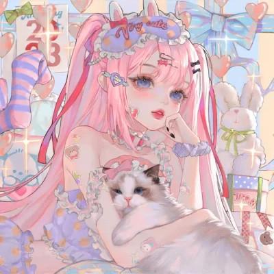唯美抱猫插画头像女生动漫图片