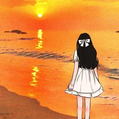 海边夕阳手绘女生背影头像图片