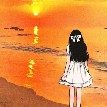 海边夕阳手绘女生背影头像图片