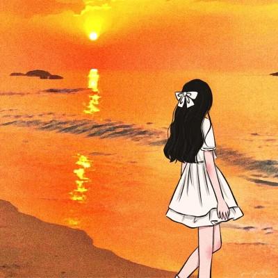 海边夕阳手绘女生背影头像图片