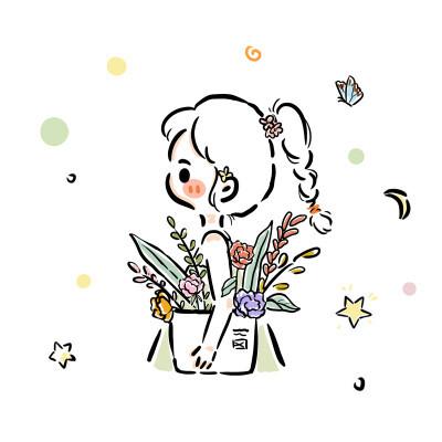简约简笔画拿花女生头像图片