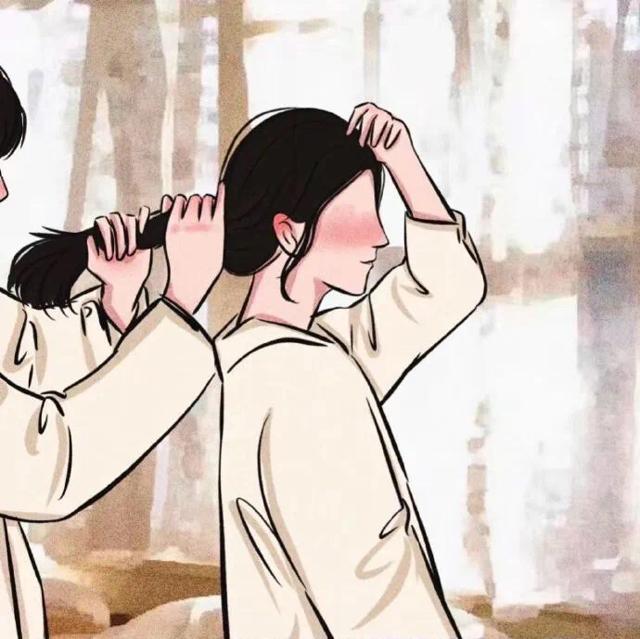 男生给女生扎头发手绘情侣头像图片