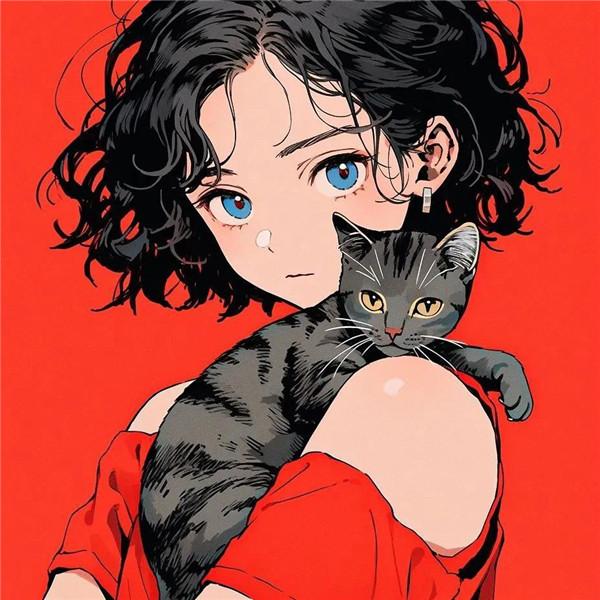 漫画女生和猫头像图片，她和她的猫