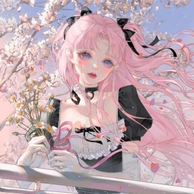 唯美拿花女生动漫头像图片