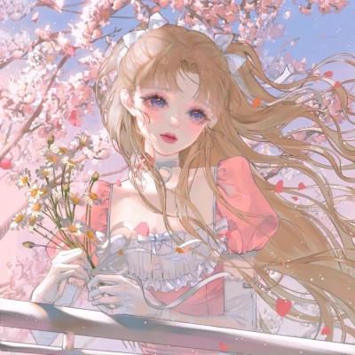 唯美拿花女生动漫头像图片