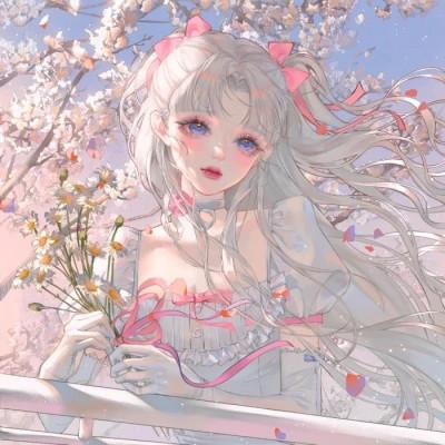 唯美拿花女生动漫头像图片