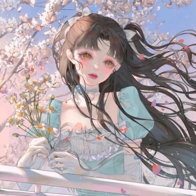 唯美拿花女生动漫头像图片