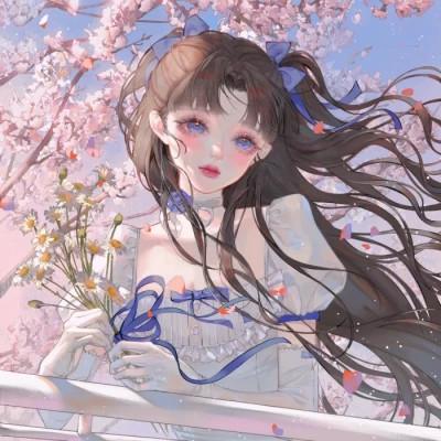 唯美拿花女生动漫头像图片