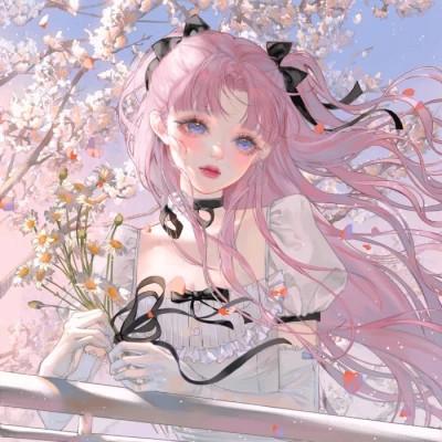 唯美拿花女生动漫头像图片