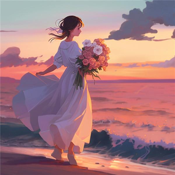 海边唯美梦幻捧花动漫女生头像图片