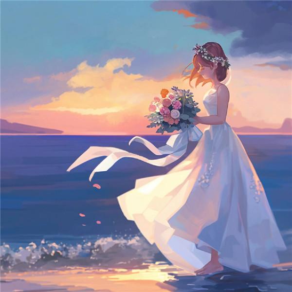 海边唯美梦幻捧花动漫女生头像图片