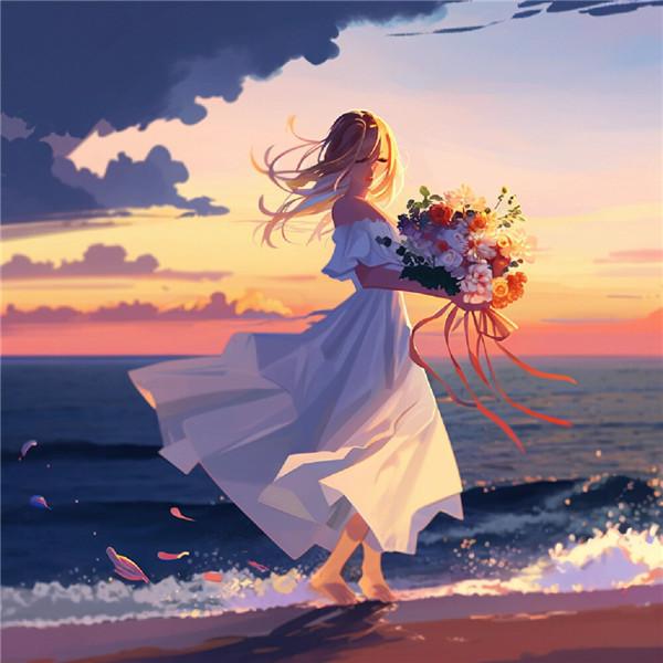 海边唯美梦幻捧花动漫女生头像图片