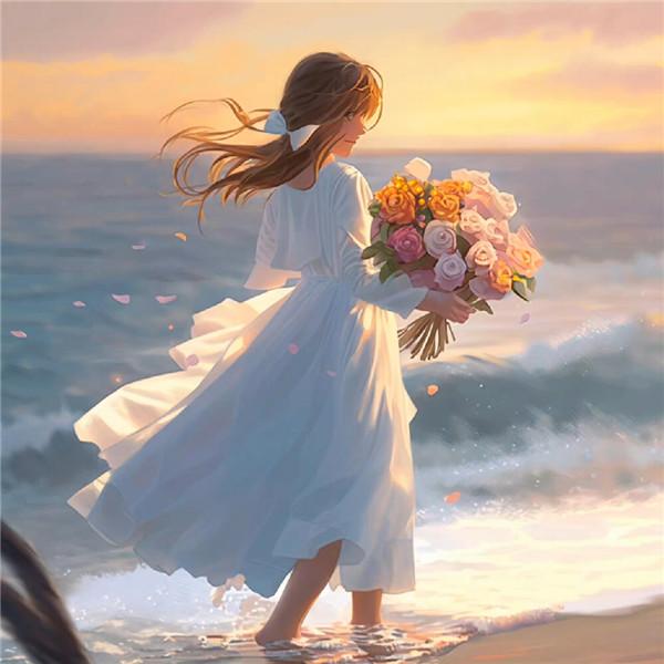海边唯美梦幻捧花动漫女生头像图片