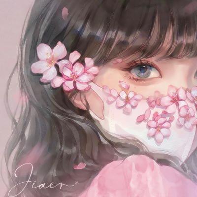 口罩手绘带花头像女 高清动漫带花的口罩头像手绘女生图片