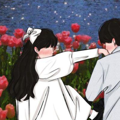 男生温柔亲吻女生手手绘情侣头像图片 背影