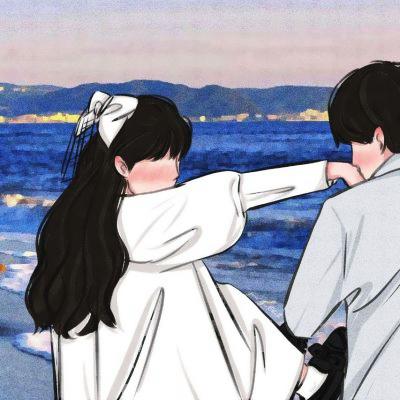 男生温柔亲吻女生手手绘情侣头像图片 背影