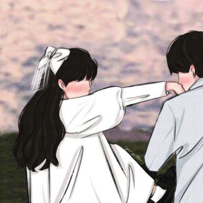 男生温柔亲吻女生手手绘情侣头像图片 背影