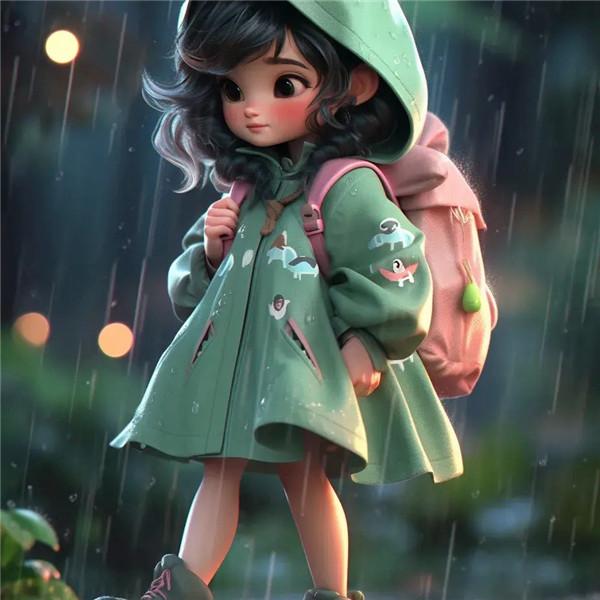 可爱治愈系雨中穿雨衣淋雨小女孩头像图片