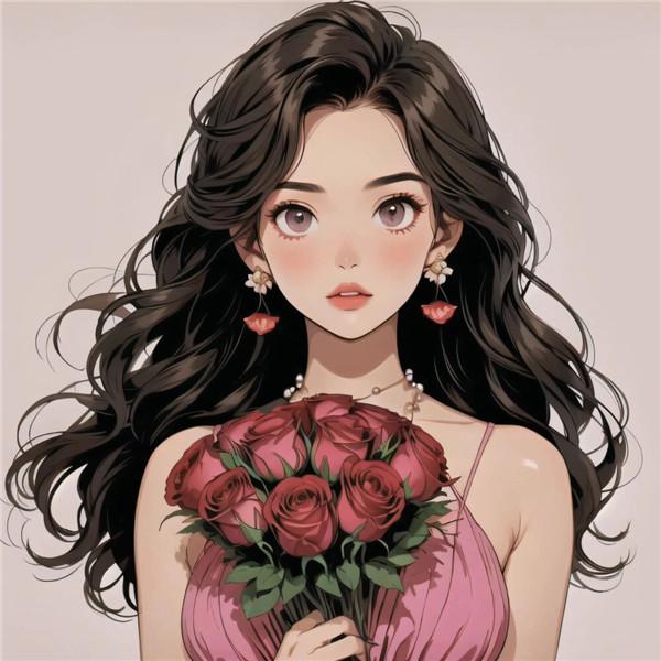 粉色系一男一女捧花动漫情侣头像图片一左一右