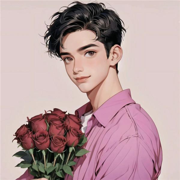粉色系一男一女捧花动漫情侣头像图片一左一右