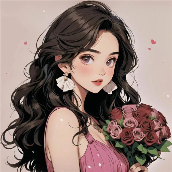 粉色系一男一女捧花动漫情侣头像图片一左一右
