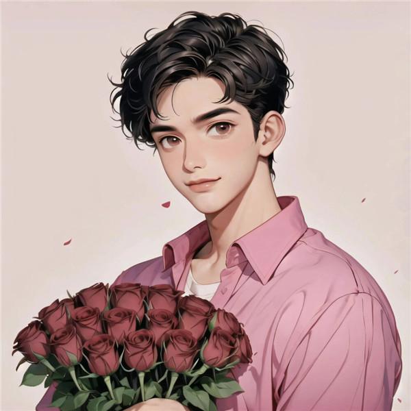 粉色系一男一女捧花动漫情侣头像图片一左一右