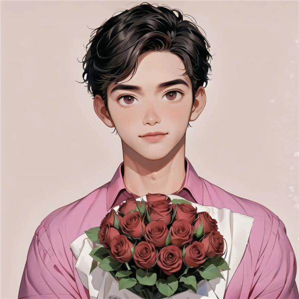 粉色系一男一女捧花动漫情侣头像图片一左一右