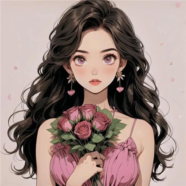 粉色系一男一女捧花动漫情侣头像图片一左一右