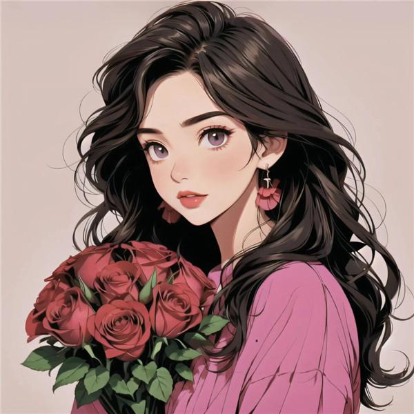 粉色系一男一女捧花动漫情侣头像图片一左一右
