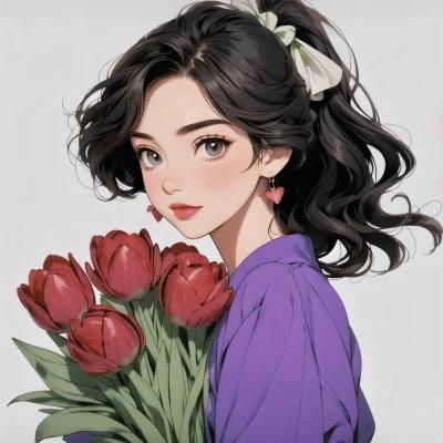 动漫少女捧花唯美图片