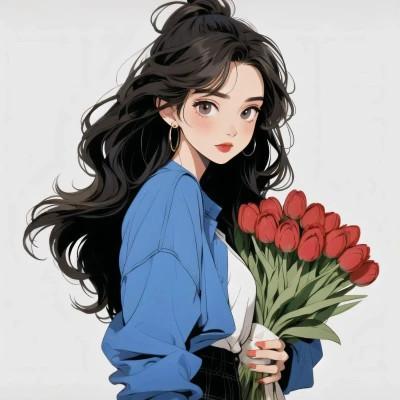 动漫少女捧花唯美图片