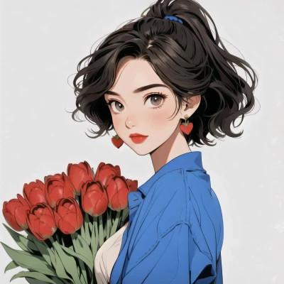 动漫少女捧花唯美图片